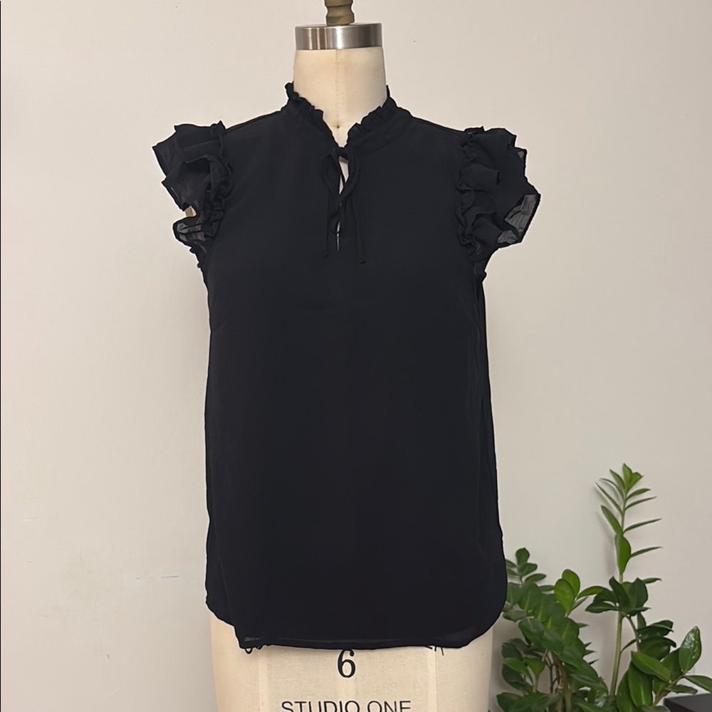 J. Crew Black Ruffled Mandarin Collar Blouse